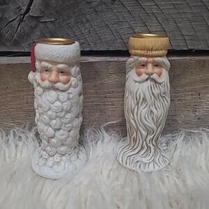 Vintage Christmas Candlestick Holder Santa Claus Long White Beard 4.5” Set 2